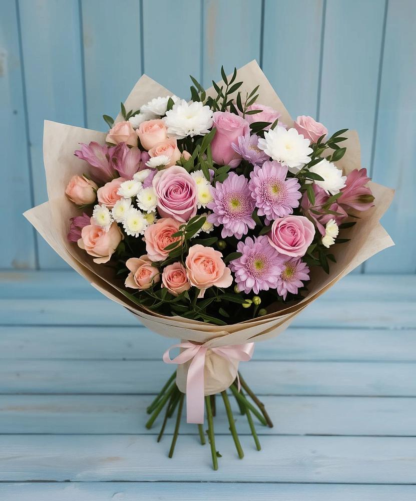 Букет цветов из: Хризантемы, Розы и Альстромерии в Адлер